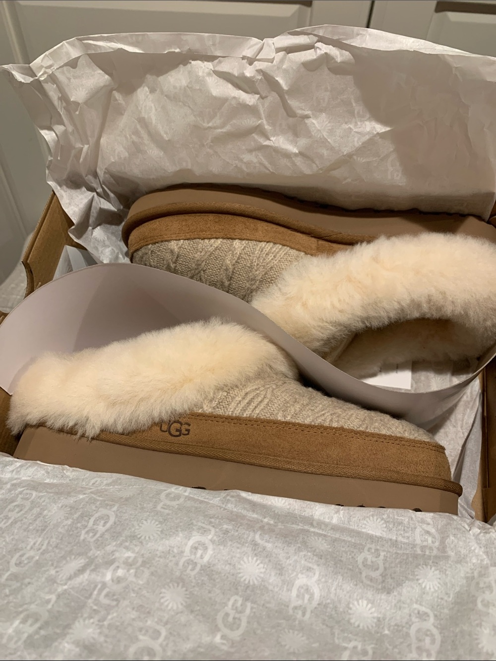 UGG Cream Knit & Chestnut Shearling-Trim Slip-Ons